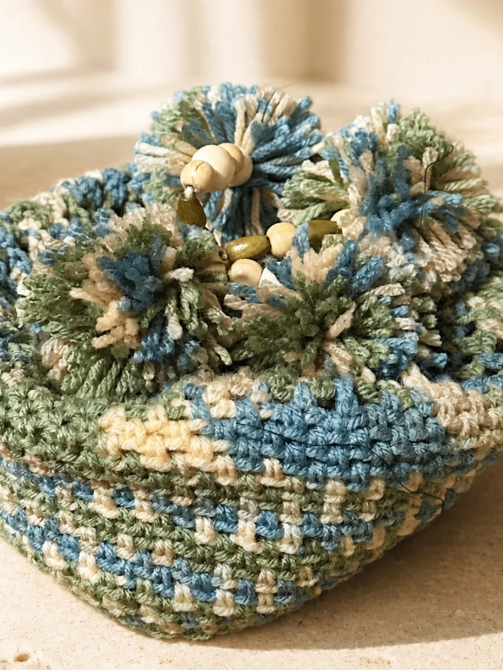 One-of-a-Kind Handcrafted Hippie Crochet Pom-Pom Hat Boho Beanie Wood Beads